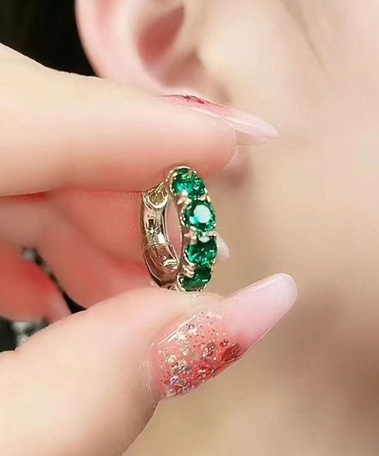 Pendientes de aro de plata de ley verde con circonitas doradas para mujer