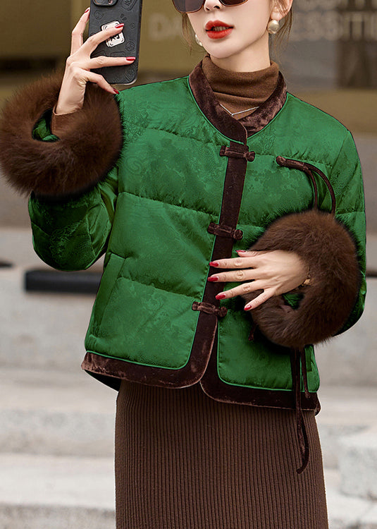 Abrigos orientales de plumón de pato con parches y borlas verdes para mujer para invierno