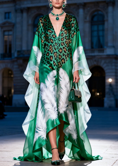 Women Green V Neck Asymmetrical Design Print Silk Dress Summer