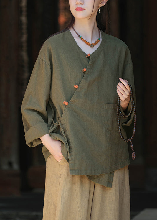 Women Green V Neck Button Lace Up Cotton Shirts Fall