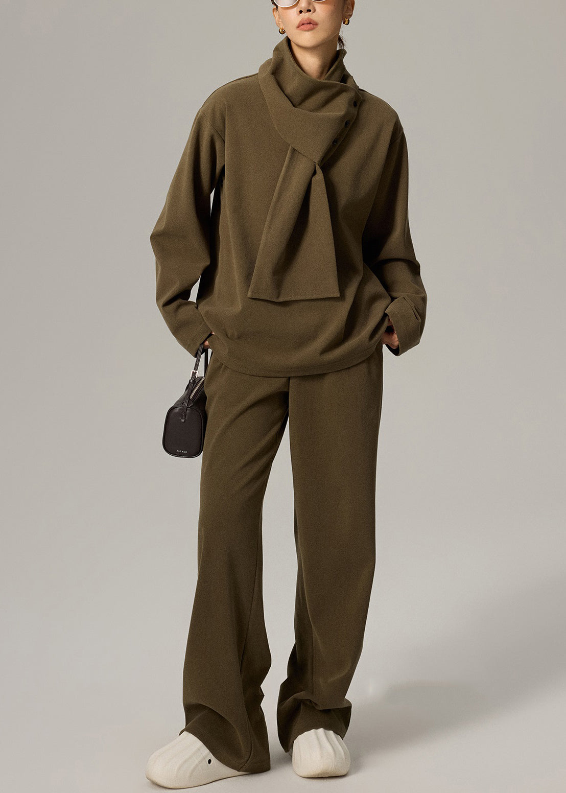 Conjunto de tres piezas de algodón con cintura elástica y escote en V verde para mujer, primavera