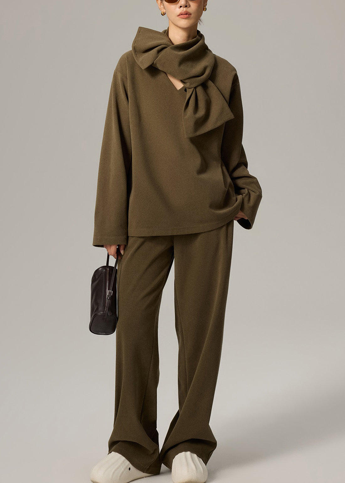 Conjunto de tres piezas de algodón con cintura elástica y escote en V verde para mujer, primavera