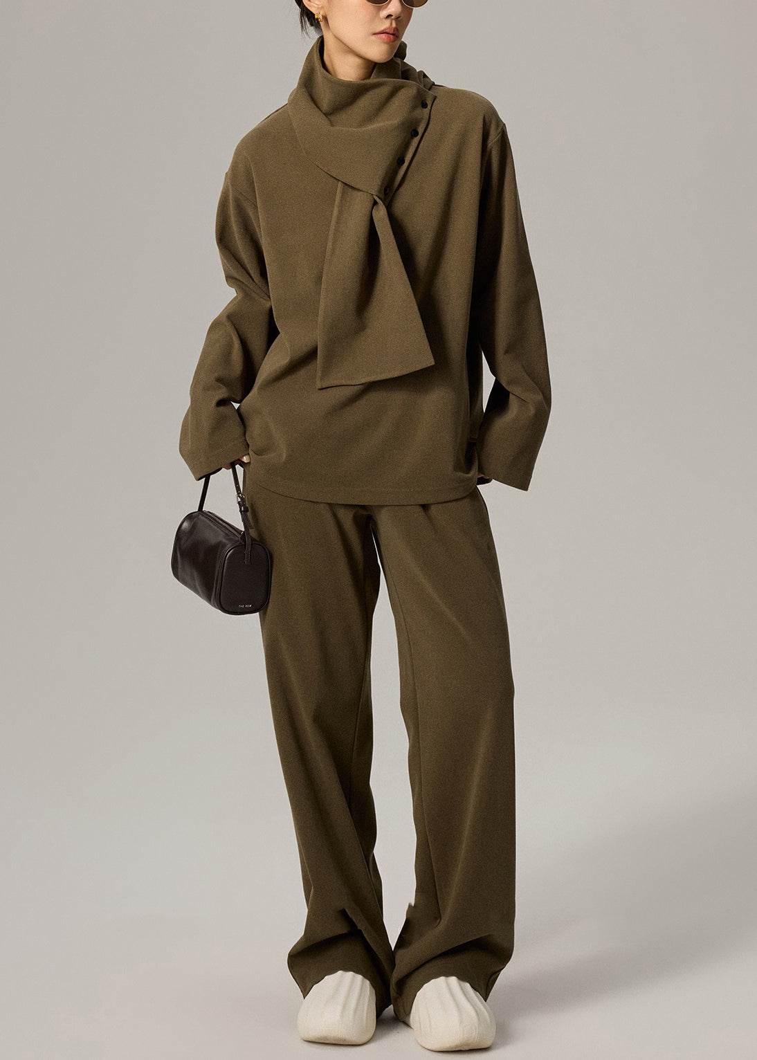 Conjunto de tres piezas de algodón con cintura elástica y escote en V verde para mujer, primavera