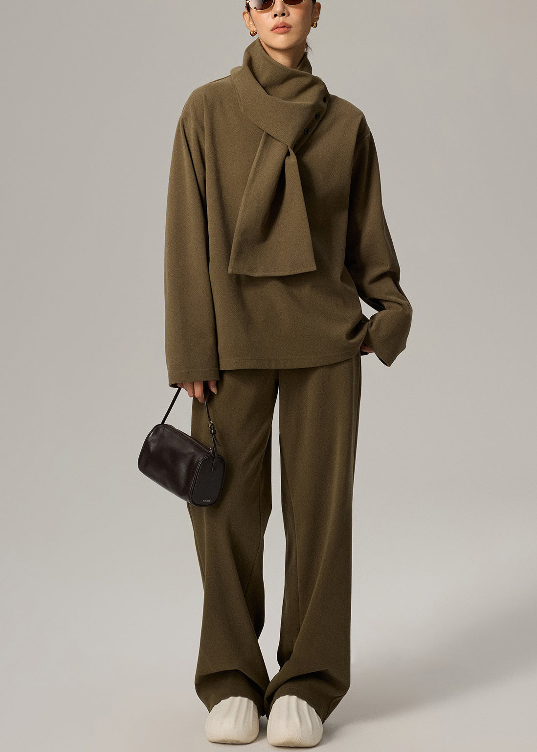 Conjunto de tres piezas de algodón con cintura elástica y escote en V verde para mujer, primavera