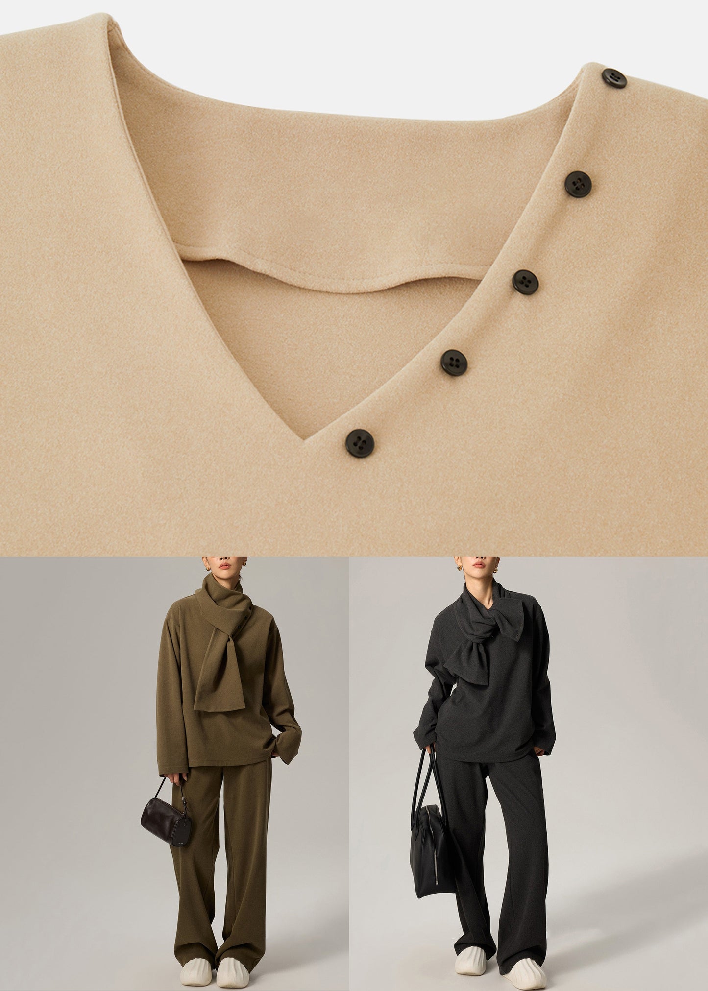 Conjunto de tres piezas de algodón con cintura elástica y escote en V verde para mujer, primavera