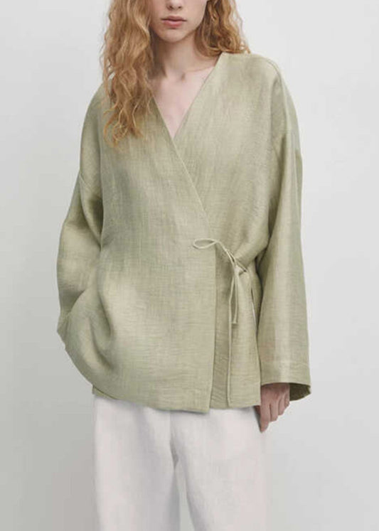 Women Green V Neck Lace Up Cotton Shirt Tops Fall