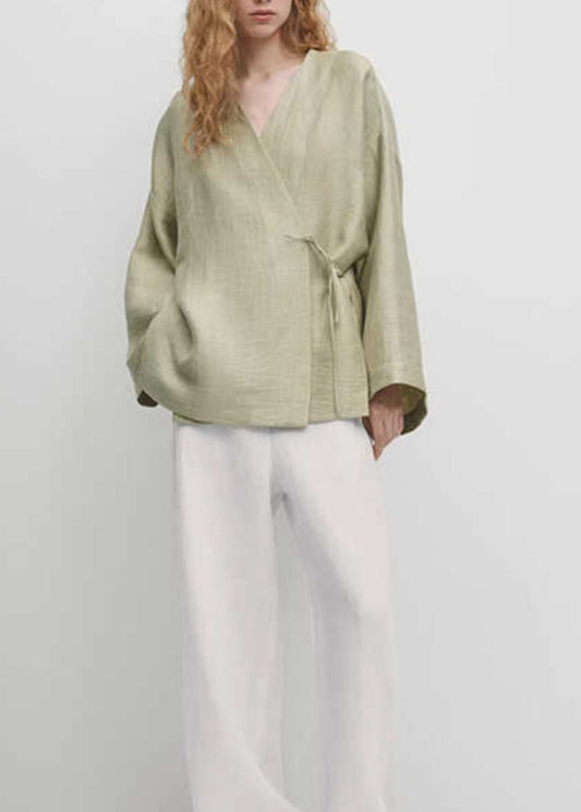 Women Green V Neck Lace Up Cotton Shirt Tops Fall