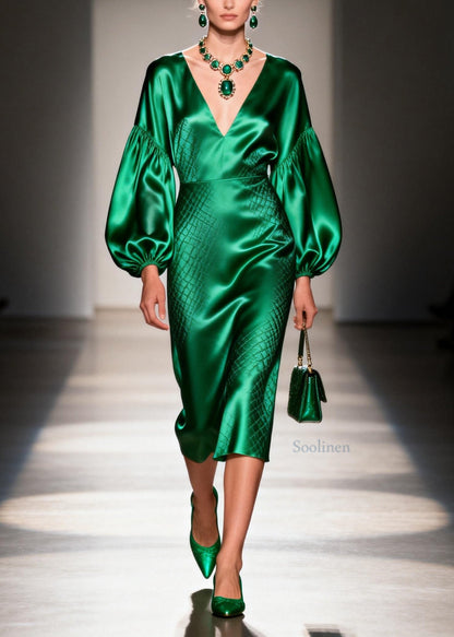 Women Green V Neck Patchwork Silk Dress Lantern Sleeve