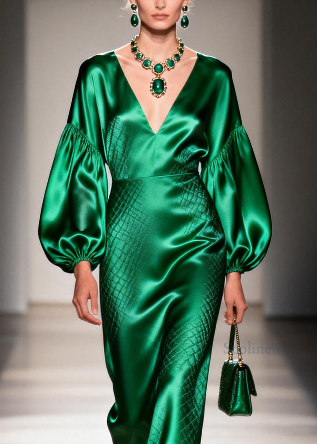 Women Green V Neck Patchwork Silk Dress Lantern Sleeve