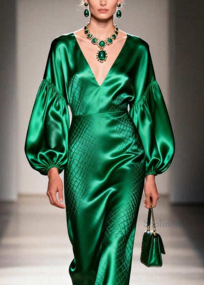 Women Green V Neck Patchwork Silk Dress Lantern Sleeve