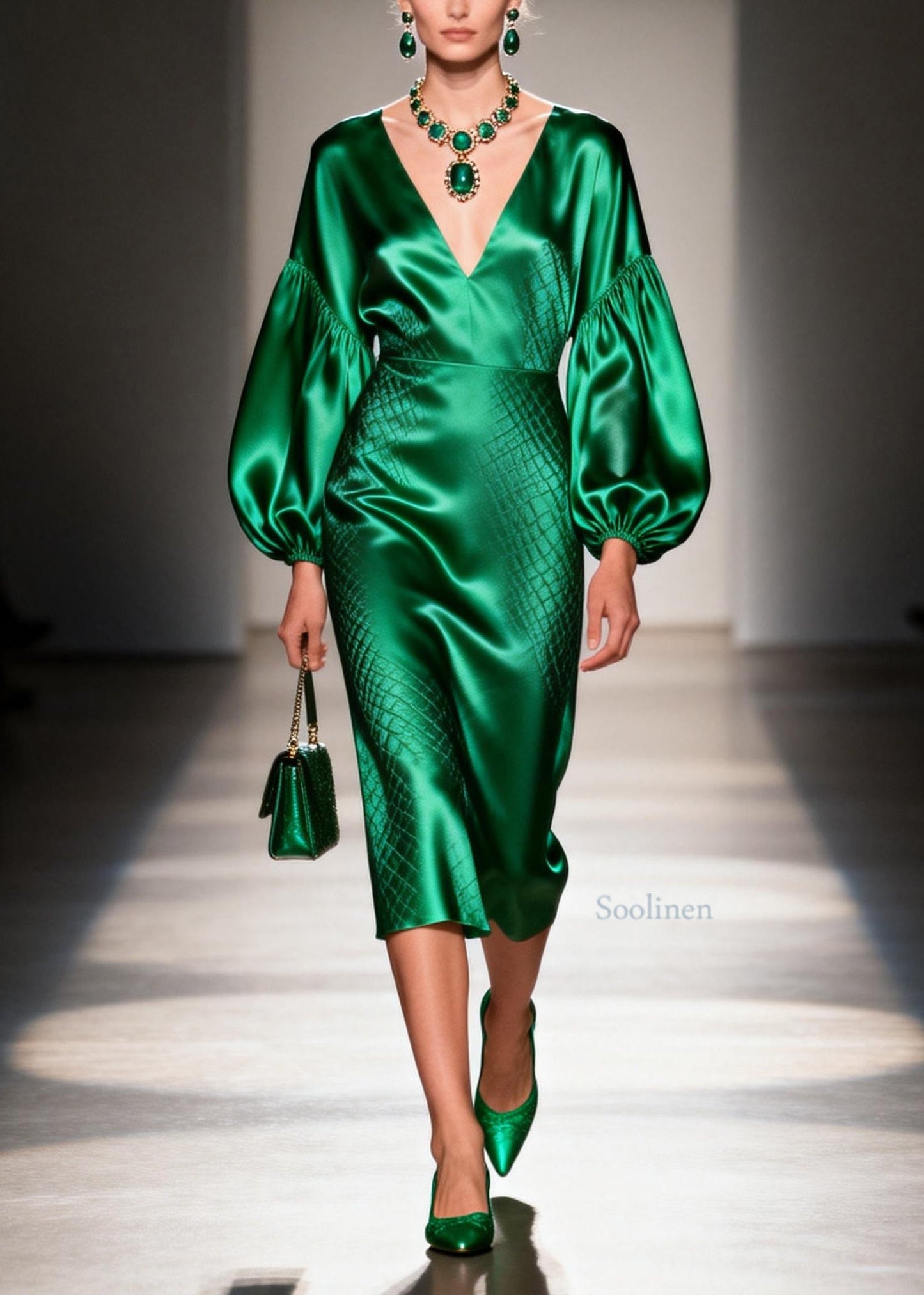 Women Green V Neck Patchwork Silk Dress Lantern Sleeve