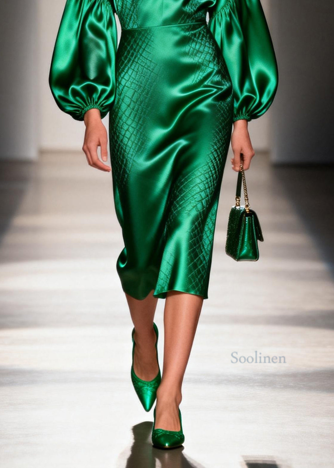 Women Green V Neck Patchwork Silk Dress Lantern Sleeve