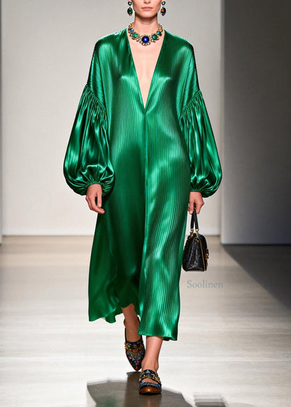 Women Green V Neck Patchwork Silk Long Dresses Lantern Sleeve
