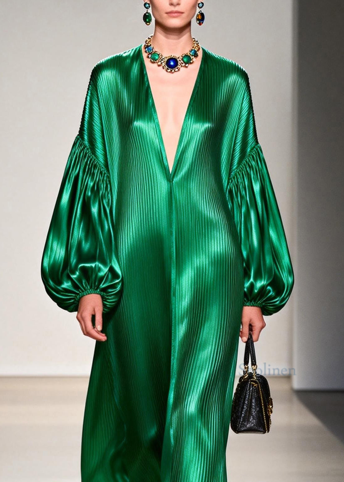 Women Green V Neck Patchwork Silk Long Dresses Lantern Sleeve