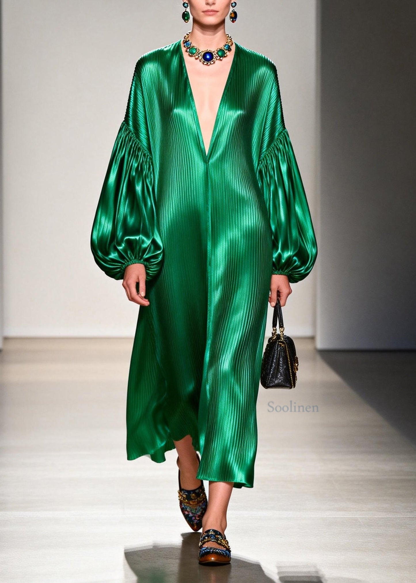 Women Green V Neck Patchwork Silk Long Dresses Lantern Sleeve