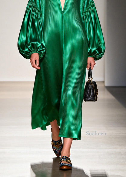 Women Green V Neck Patchwork Silk Long Dresses Lantern Sleeve