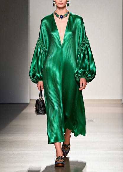 Women Green V Neck Patchwork Silk Long Dresses Lantern Sleeve