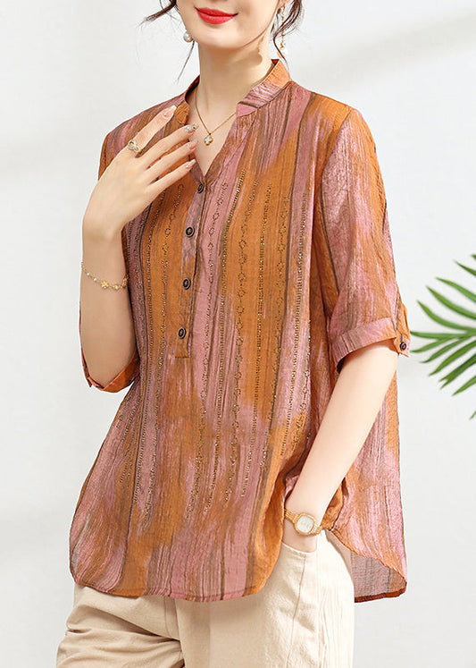 Women Green V Neck Print Button Cotton Shirt Summer