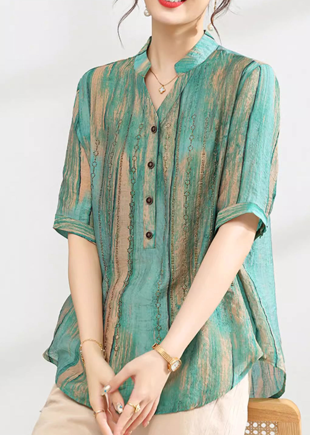 Women Green V Neck Print Button Cotton Shirt Summer