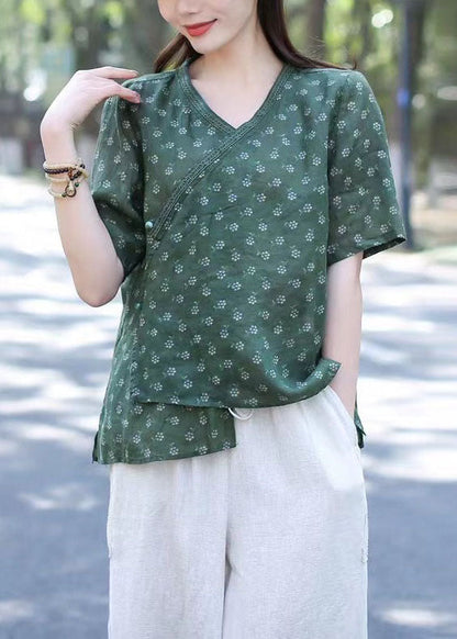 Blusas de lino con cuello en V y estampado de patchwork para mujer, color verde, para verano