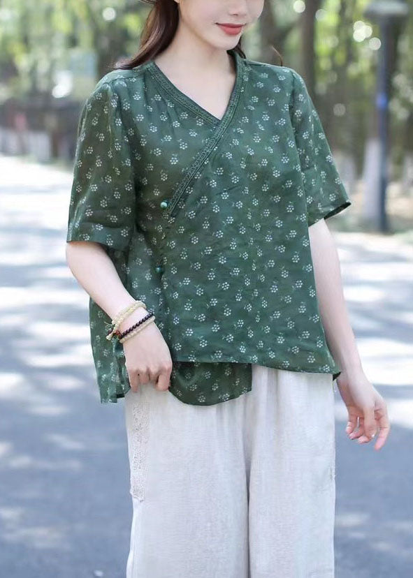Blusas de lino con cuello en V y estampado de patchwork para mujer, color verde, para verano