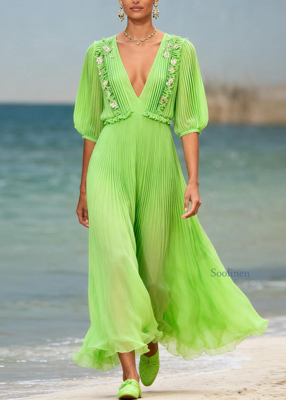 Women Green V Neck Ruffled Floral Chiffon Ankle Dress Summer