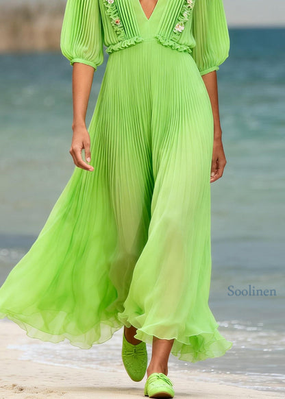 Women Green V Neck Ruffled Floral Chiffon Ankle Dress Summer
