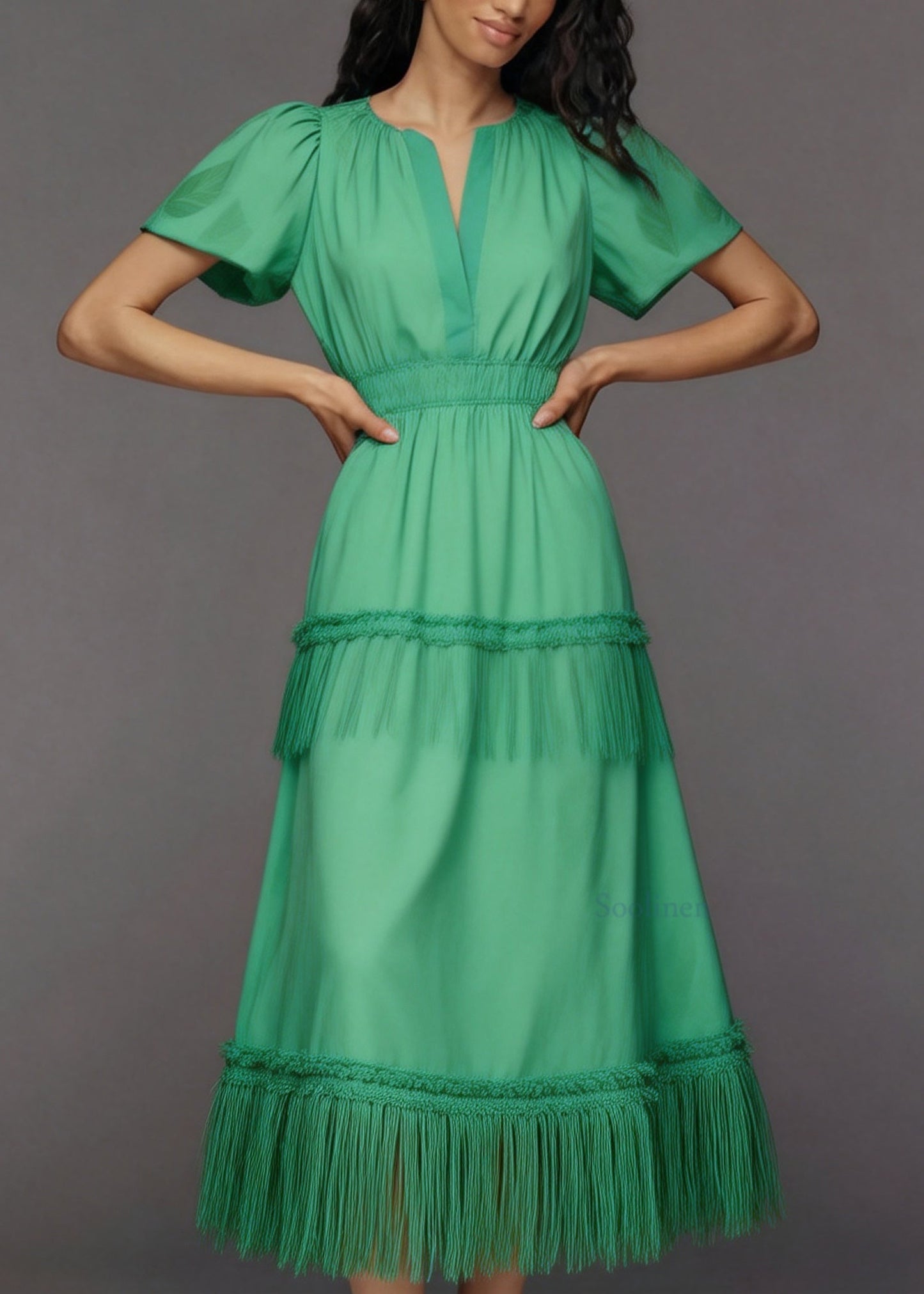 Women Green V Neck Tassel Patchwork Cotton Maxi Dresses Summer