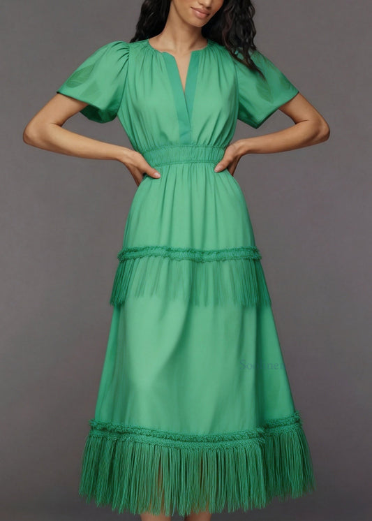Women Green V Neck Tassel Patchwork Cotton Maxi Dresses Summer