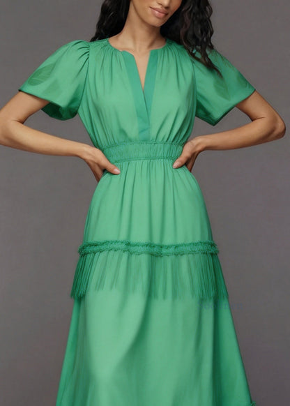 Women Green V Neck Tassel Patchwork Cotton Maxi Dresses Summer