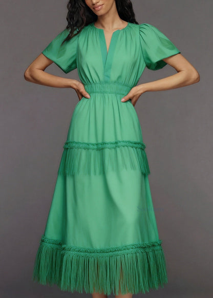 Women Green V Neck Tassel Patchwork Cotton Maxi Dresses Summer