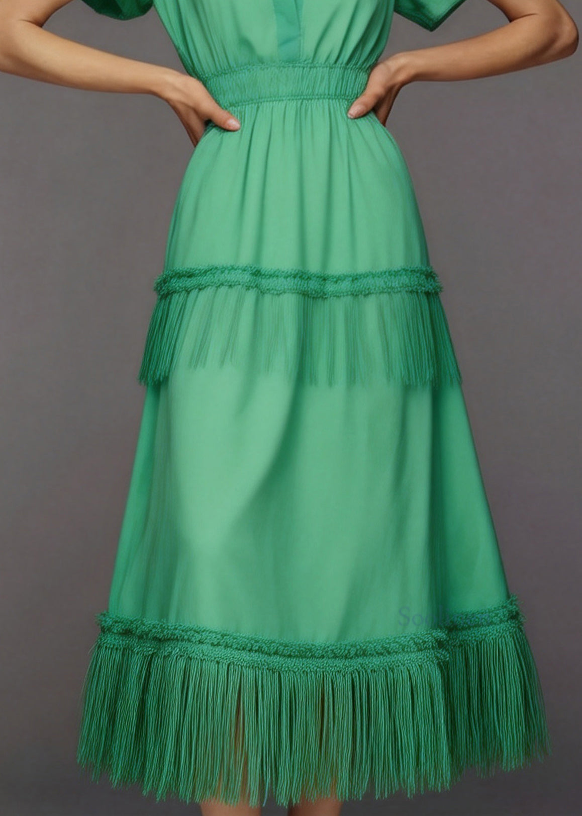 Women Green V Neck Tassel Patchwork Cotton Maxi Dresses Summer