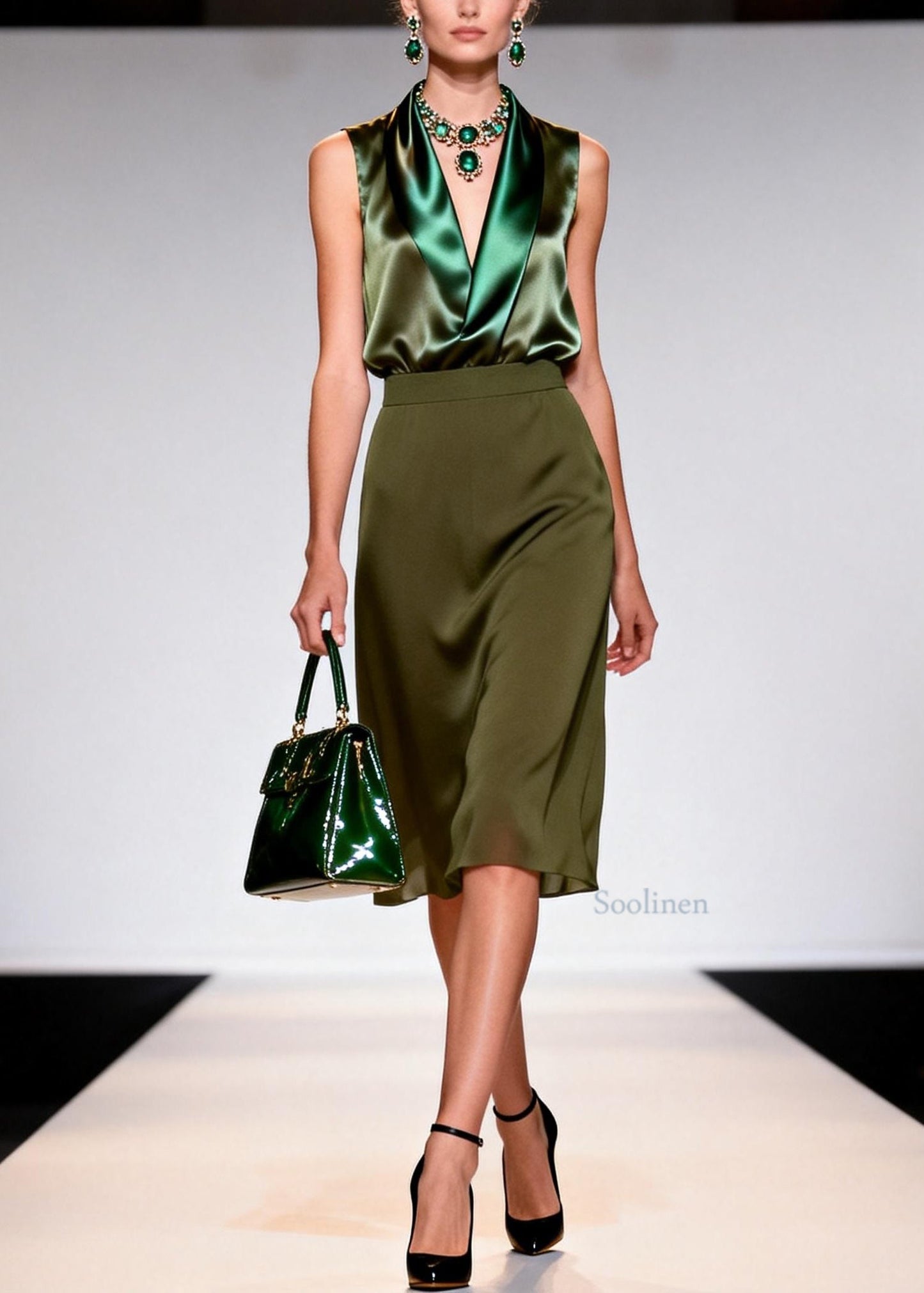 Women Green V Neck Top And Skirts Silk Two Piece Set Sleeveless
