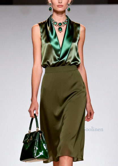 Women Green V Neck Top And Skirts Silk Two Piece Set Sleeveless