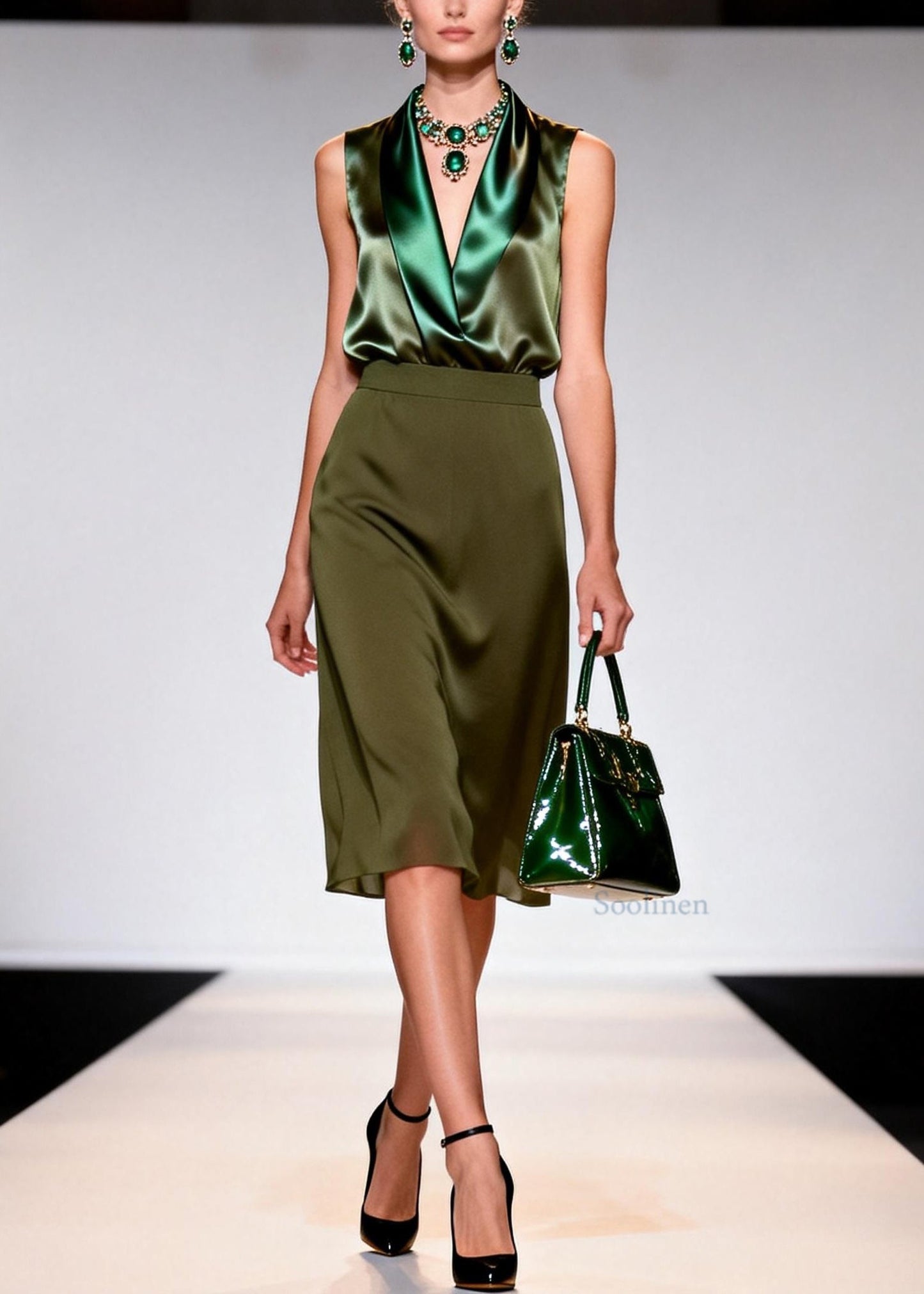 Women Green V Neck Top And Skirts Silk Two Piece Set Sleeveless