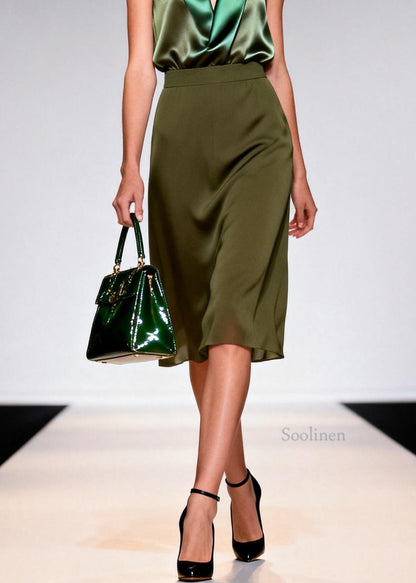 Women Green V Neck Top And Skirts Silk Two Piece Set Sleeveless