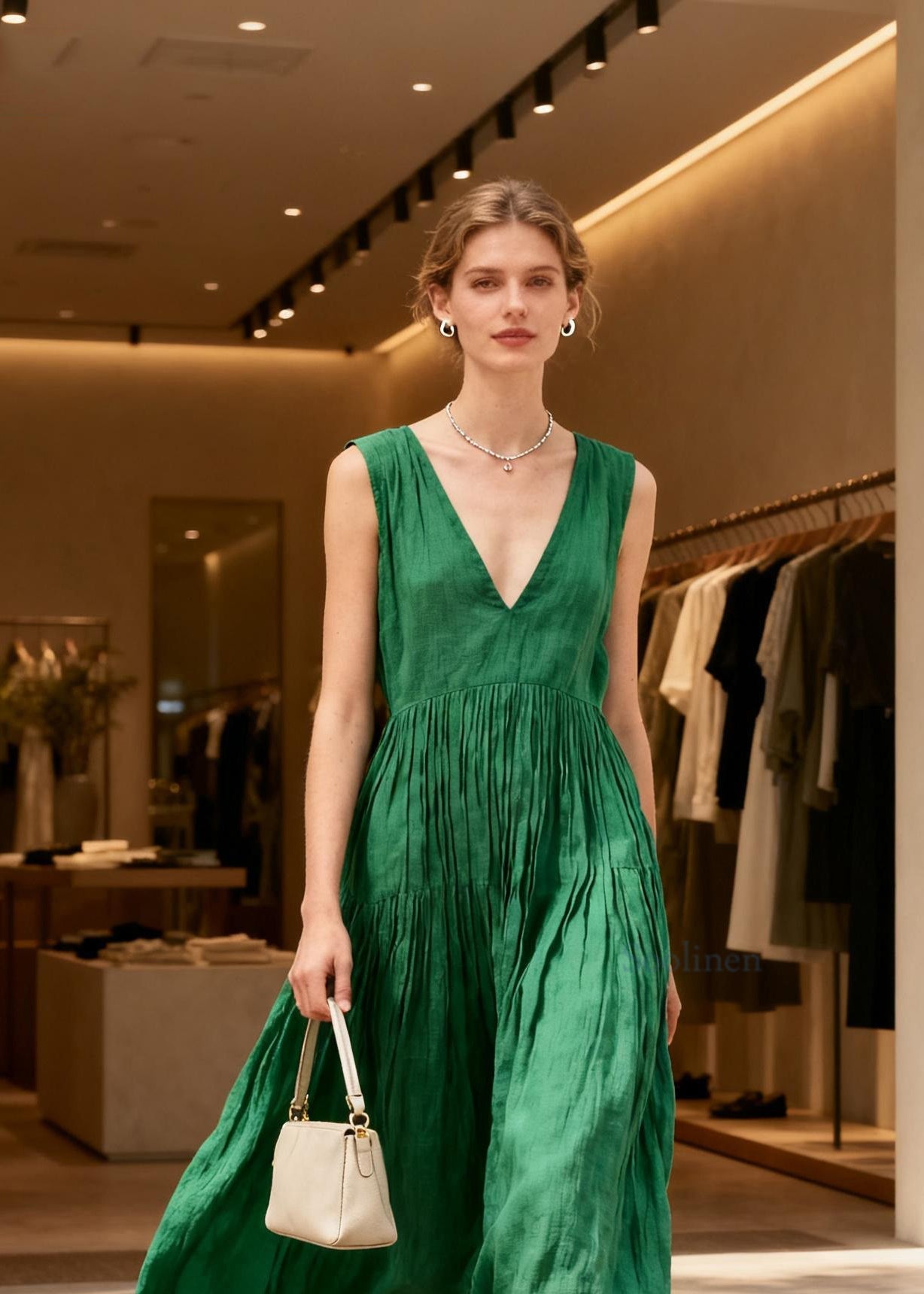 Women Green V Neck Wrinkled Patchwork Cotton Long Dresses Sleeveless