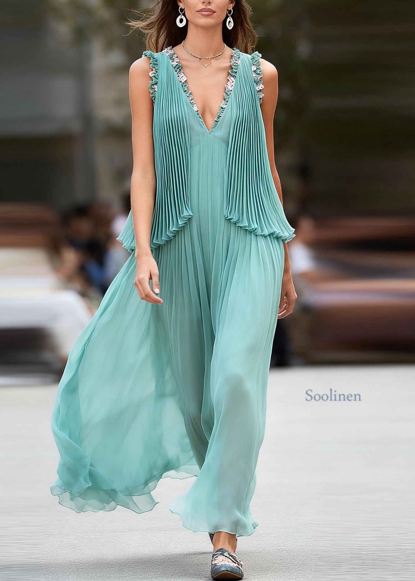 Women Green Wrinkled Floral Patchwork Chiffon Ankle Dress Sleeveless