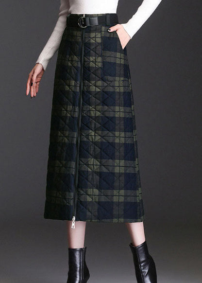 Frauen Grün Zip Up Plaid Feine Baumwolle Gefüllt Röcke Winter