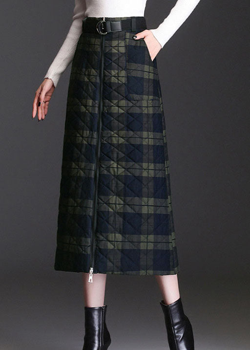 Frauen Grün Zip Up Plaid Feine Baumwolle Gefüllt Röcke Winter