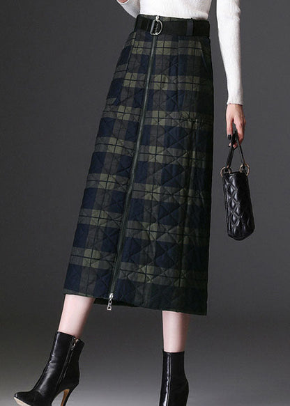 Frauen Grün Zip Up Plaid Feine Baumwolle Gefüllt Röcke Winter