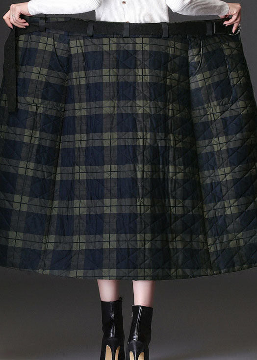 Frauen Grün Zip Up Plaid Feine Baumwolle Gefüllt Röcke Winter