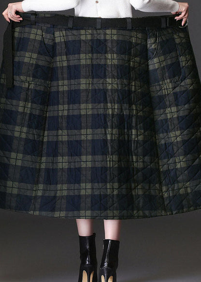 Frauen Grün Zip Up Plaid Feine Baumwolle Gefüllt Röcke Winter