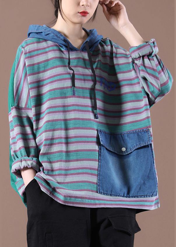 Women Green on the Back Loose Drawstring Organic Autumn Tops - SooLinen