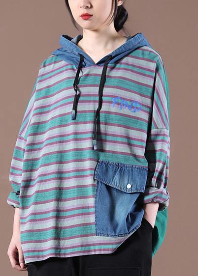 Women Green on the Back Loose Drawstring Organic Autumn Tops - SooLinen