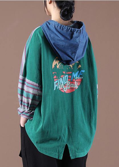 Women Green on the Back Loose Drawstring Organic Autumn Tops - SooLinen