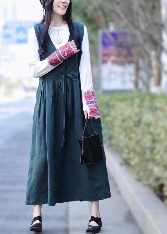 Frauen Grün krawatte taille V-ausschnitt Leinen Urlaub Kleider Frühling