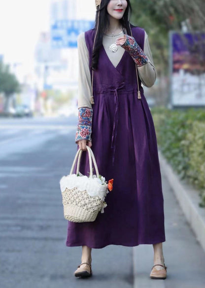 Frauen Grün krawatte taille V-ausschnitt Leinen Urlaub Kleider Frühling