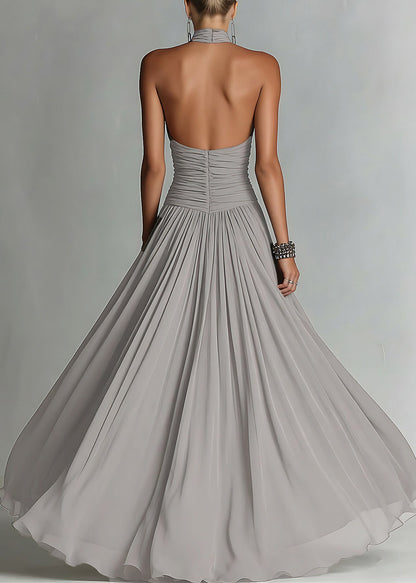 Women Grey Backless Halter Patchwork Chiffon Maxi Dress Summer