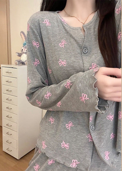 Damen-Pyjama-Sets aus grauer Baumwolle mit Schleifenmuster für den Frühling